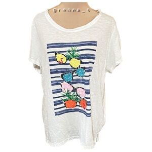 Talbots 2XP Sequined Pineapple Striped Background Cotton Top